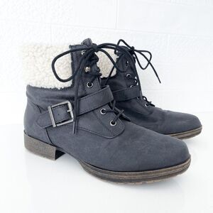 JustFab Feven Womens Lace Up Buckle Faux Fur Bootie Boots Black 5.5